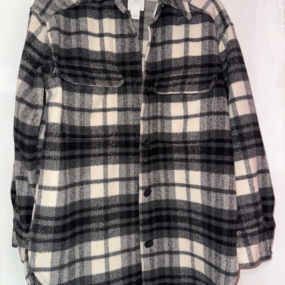 H&M Black and White Plaid Pea Coat
